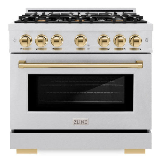 ZLINE 36 in. Dual Fuel Range 5.2 cu. ft. – 6 Burner Gas Cooktop, Electric Convection Oven, Satin Stainless Steel with Polished Gold Accents (HDRSZ-36-G)