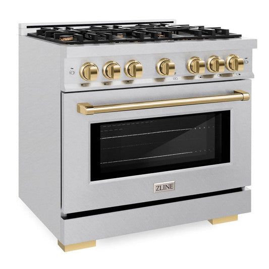 ZLINE 36 in. Dual Fuel Range 5.2 cu. ft. – 6 Burner Gas Cooktop, Electric Convection Oven, Satin Stainless Steel with Polished Gold Accents (HDRSZ-36-G)