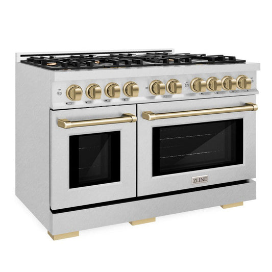 ZLINE 48 in. Dual Fuel Range with Double Oven – 6.7 cu. ft. Capacity, 8 Burner Gas Cooktop, Satin Stainless Steel with Champagne Bronze Accents (HDRSZ-48-CB)
