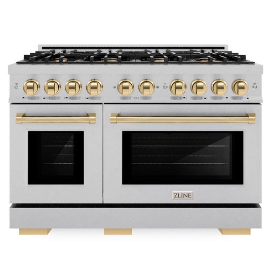 ZLINE 48 in. Dual Fuel Range 6.7 cu. ft. Double Oven 8 Burner Gas Cooktop Satin Stainless Steel with Polished Gold Accents (HDRSZ-48-G)
