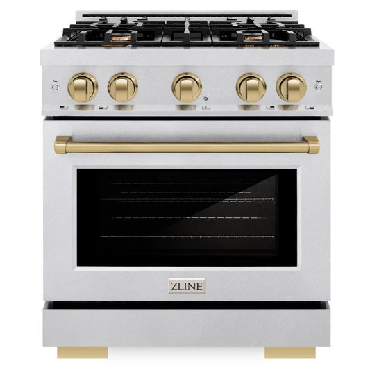 ZLINE 30 in. Gas Range 4.2 cu. ft. 4 Burners Convection Oven Satin Stainless Steel Champagne Bronze Accents (HGRSZ-30-CB)