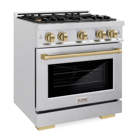 ZLINE 30 in. Gas Range 4.2 cu. ft. 4 Burners Convection Oven Satin Stainless Steel Champagne Bronze Accents (HGRSZ-30-CB)