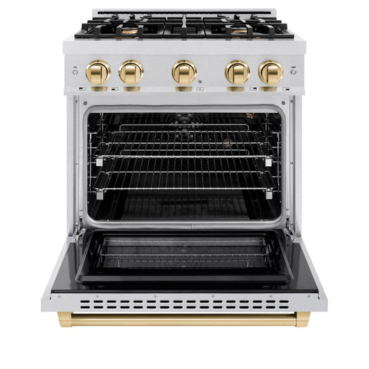 ZLINE 30 in. Gas Range 4.2 cu. ft. Select Series Convection Oven with 4 Burner Cooktop, Satin Stainless Steel & Polished Gold Accents (HGRSZ-30-G)