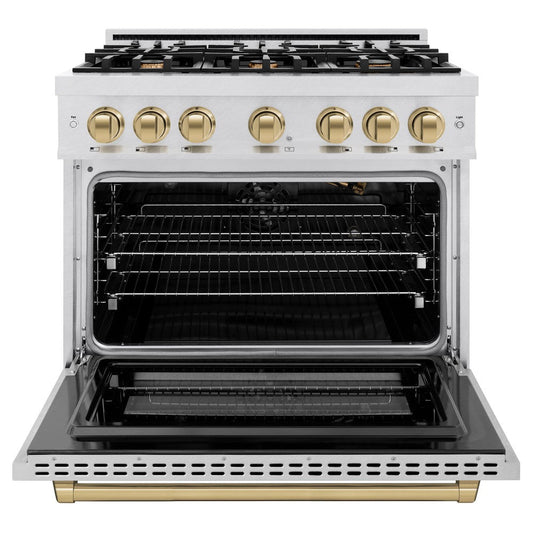 ZLINE 36 in. Gas Range 5.2 cu. ft. 6 Burner Cooktop Convection Gas Oven Satin Stainless Steel with Champagne Bronze Accents (HGRSZ-36-CB)