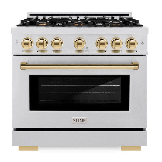 ZLINE 36 in. Gas Range with 6 Burner Cooktop and Convection Gas Oven, 5.2 cu. ft., Satin Stainless Steel with Polished Gold Accents (HGRSZ-36-G)