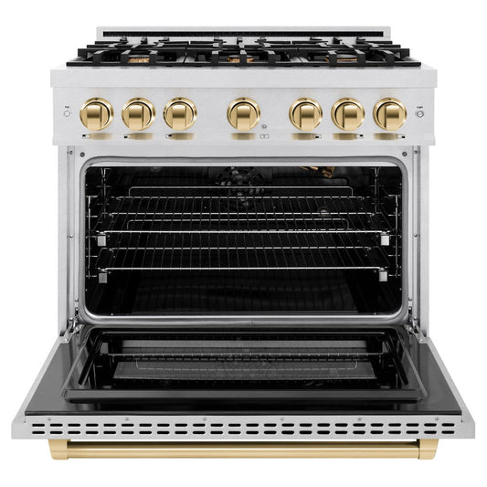 ZLINE 36 in. Gas Range with 6 Burner Cooktop and Convection Gas Oven, 5.2 cu. ft., Satin Stainless Steel with Polished Gold Accents (HGRSZ-36-G)