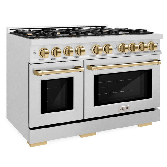 ZLINE 48 in. Gas Range Double Oven 6.7 cu. ft. 8 Burner Cooktop Satin Stainless Steel with Polished Gold Accents (HGRSZ-48-G)
