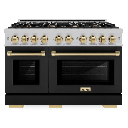 ZLINE 48 in. Dual Fuel Range Double Oven 6.7 cu. ft. 8 Gas Burners Satin Stainless Steel Black Matte Doors Champagne Bronze Accents (HDRSZ-BLM-48-CB)
