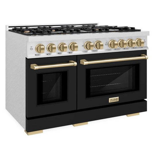 ZLINE 48 in. Dual Fuel Range Double Oven 6.7 cu. ft. 8 Gas Burners Satin Stainless Steel Black Matte Doors Champagne Bronze Accents (HDRSZ-BLM-48-CB)