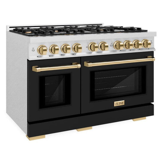 ZLINE 48 in. Dual Fuel Range Double Oven 6.7 cu. ft. 8 Gas Burners Satin Stainless Steel with Black Matte Doors & Polished Gold Accents (HDRSZ-BLM-48-G)