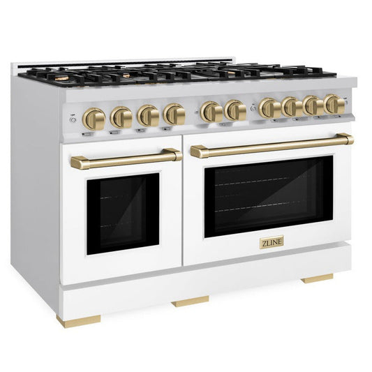 ZLINE 48 in. Dual Fuel Range Double Oven 6.7 cu. ft. Capacity 8 Burner Gas Cooktop Satin Stainless Steel White Matte Doors Champagne Bronze Accents (HDRSZ-WM-48-CB)