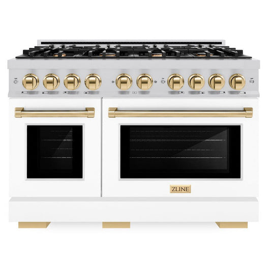 ZLINE 48 in. Dual Fuel Range Double Oven 6.7 cu. ft. 8 Gas Burners Satin Stainless Steel White Matte Doors Polished Gold Accents (HDRSZ-WM-48-G)