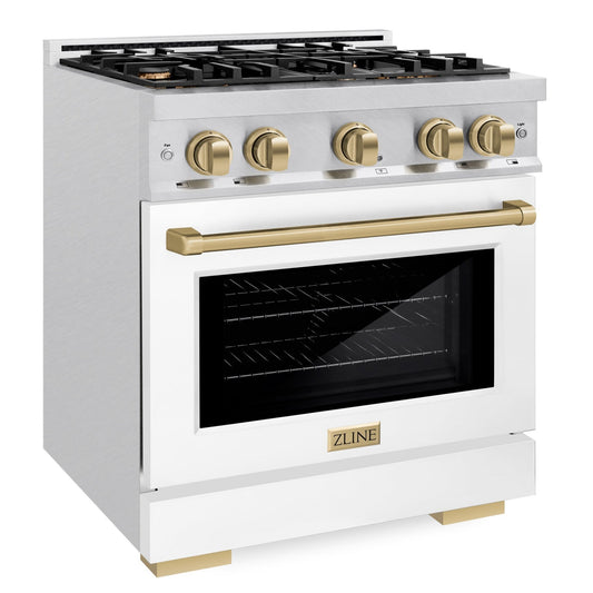 ZLINE Autograph Edition 30 in. Dual Fuel Range, 4 Burners Gas Cooktop, Electric Convection Oven, Satin Stainless Steel with White Matte Door and Champagne Bronze Accents (HDRSZ-WM-30-CB)