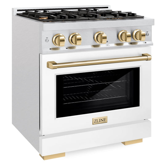 ZLINE 30 in. Dual Fuel Range 4.2 cu. ft. 4 Burner Gas Cooktop Electric Convection Oven Satin Stainless Steel White Matte Door Polished Gold Accents (HDRSZ-WM-30-G)