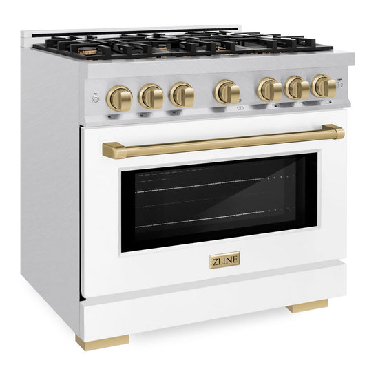 ZLINE 36 in. Dual Fuel Range 5.2 cu. ft. with 6 Burner Gas Cooktop, Electric Convection Oven, Satin Stainless Steel, White Matte Door & Champagne Bronze Accents (HDRSZ-WM-36-CB)