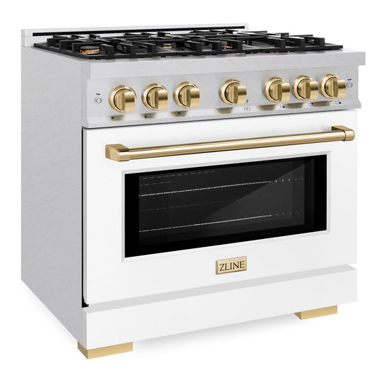 ZLINE 36 in. Dual Fuel Range 5.2 cu. ft. Capacity 6 Burner Gas Cooktop Electric Convection Oven Satin Stainless Steel with White Matte Door and Polished Gold Accents (HDRSZ-WM-36-G)