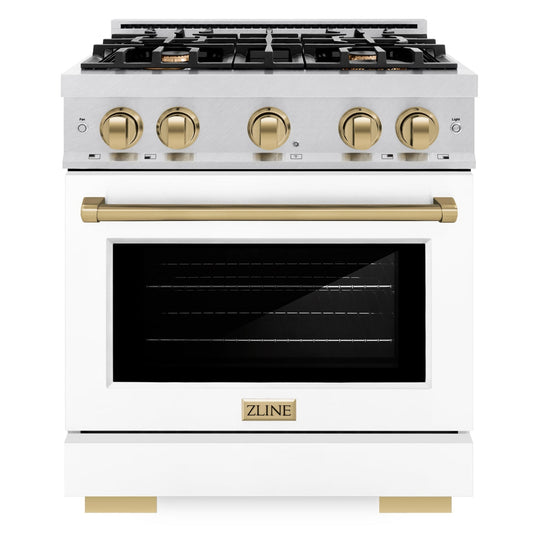 ZLINE 30 in. Gas Range 4.2 cu. ft. 4 Burner Cooktop Convection Gas Oven Satin Stainless Steel White Matte Door Champagne Bronze Accents (HGRSZ-WM-30-CB)