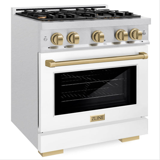 ZLINE 30 in. Gas Range 4.2 cu. ft. 4 Burner Cooktop Convection Gas Oven Satin Stainless Steel White Matte Door Champagne Bronze Accents (HGRSZ-WM-30-CB)