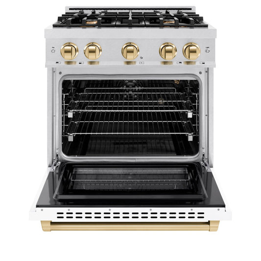 ZLINE Autograph Edition 30 in. Select Gas Range with 4 Burners and Convection Gas Oven, 4.2 cu. ft., Satin Stainless Steel, White Matte Door, Polished Gold Accents (HGRSZ-WM-30-G)