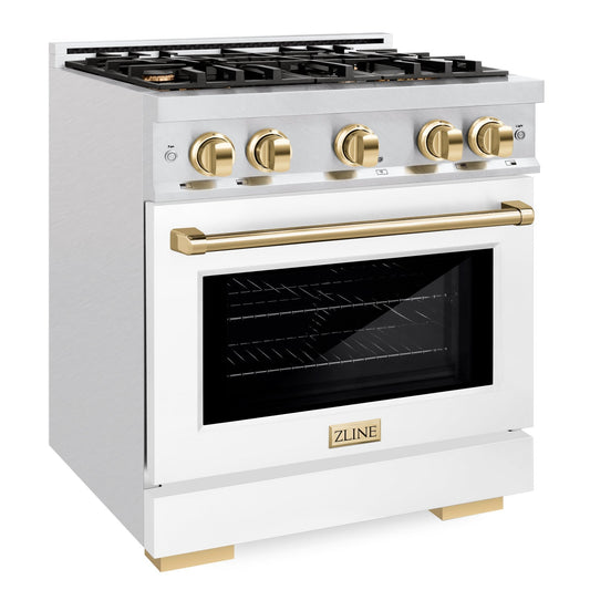 ZLINE Autograph Edition 30 in. Select Gas Range with 4 Burners and Convection Gas Oven, 4.2 cu. ft., Satin Stainless Steel, White Matte Door, Polished Gold Accents (HGRSZ-WM-30-G)