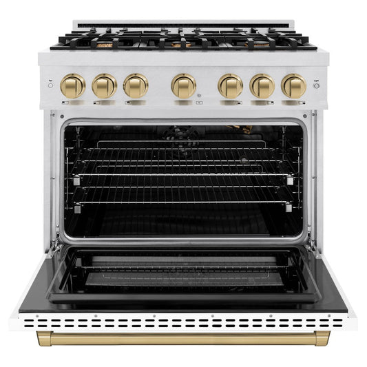 ZLINE 36 in. Gas Range 5.2 cu. ft. Capacity 6 Burners Convection Gas Oven Satin Stainless Steel White Matte Door Champagne Bronze Accents (HGRSZ-WM-36-CB)