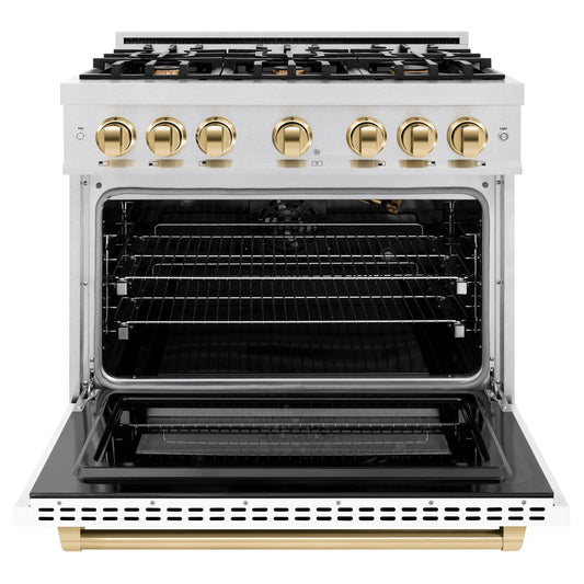ZLINE 36 in. Gas Range 5.2 cu. ft. 6 Burner Cooktop Convection Gas Oven Satin Stainless Steel White Matte Door Polished Gold Accents (HGRSZ-WM-36-G)