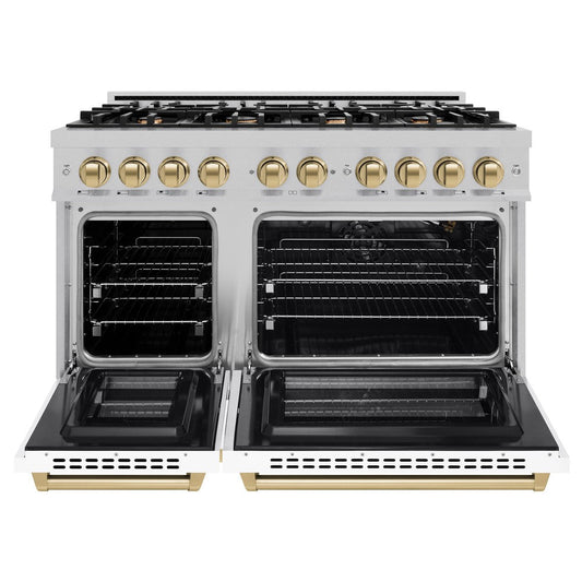 ZLINE 48 in. Double Oven Gas Range 6.7 cu. ft. 8 Burner Cooktop Satin Stainless Steel with White Matte Doors & Champagne Bronze Accents (HGRSZ-WM-48-CB)