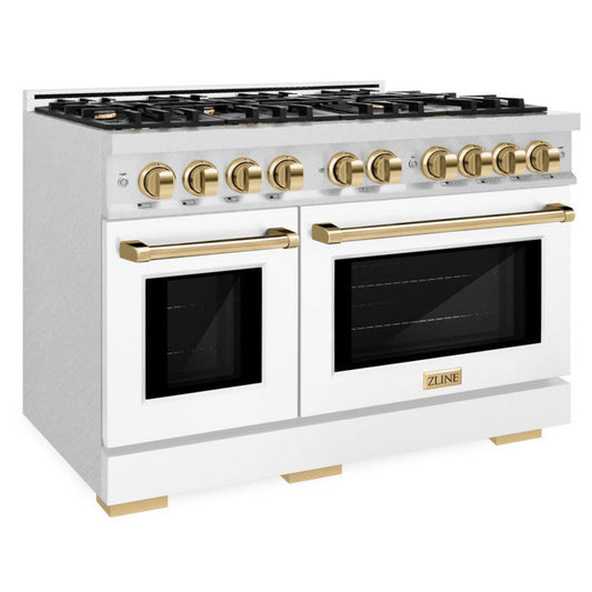 ZLINE 48 in. Double Oven Gas Range 6.7 cu. ft. 8 Burner Cooktop Satin Stainless Steel with White Matte Doors and Polished Gold Accents (HGRSZ-WM-48-G)