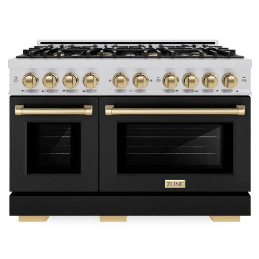 ZLINE 48 in. Dual Fuel Range 6.7 cu. ft. Double Oven 8 Burner Gas Cooktop Stainless Steel Black Matte Doors Champagne Bronze Accents (HDRZ-BLM-48-CB)