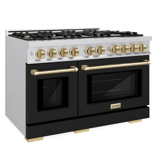 ZLINE 48 in. Dual Fuel Range 6.7 cu. ft. Double Oven 8 Burner Gas Cooktop Stainless Steel Black Matte Doors Champagne Bronze Accents (HDRZ-BLM-48-CB)