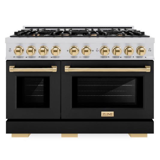 ZLINE 48 in. Dual Fuel Range Double Oven 6.7 cu. ft. 8 Burners Stainless Steel Black Matte Doors Polished Gold Accents (HDRZ-BLM-48-G)