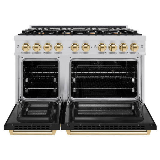 ZLINE 48 in. Dual Fuel Range Double Oven 6.7 cu. ft. 8 Burners Stainless Steel Black Matte Doors Polished Gold Accents (HDRZ-BLM-48-G)