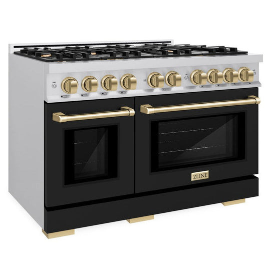 ZLINE 48 in. Gas Range Double Oven 6.7 cu. ft. 8 Burner Stainless Steel with Black Matte Doors & Champagne Bronze Accents (HGRZ-BLM-48-CB)