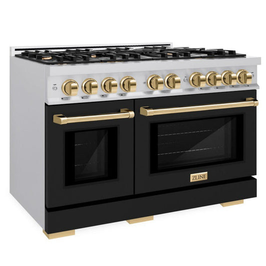 ZLINE 48 in. Double Oven Gas Range 6.7 cu. ft. 8 Burner Cooktop Stainless Steel with Black Matte Doors & Polished Gold Accents (HGRZ-BLM-48-G)