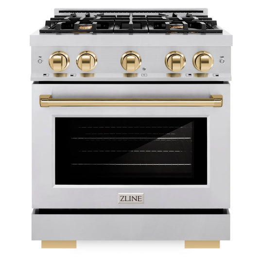 ZLINE Autograph Edition 30 in. Dual Fuel Range 4.2 cu. ft. with 4 Gas Burners and Electric Convection Oven in Stainless Steel with Polished Gold Accents (HDRZ-30-G)