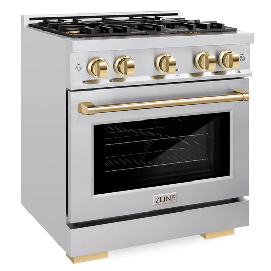 ZLINE Autograph Edition 30 in. Dual Fuel Range 4.2 cu. ft. with 4 Gas Burners and Electric Convection Oven in Stainless Steel with Polished Gold Accents (HDRZ-30-G)