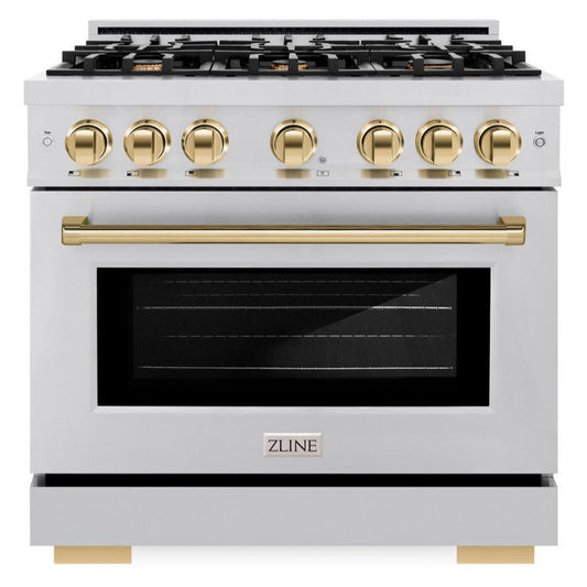 ZLINE 36 in. Gas Range 5.2 cu. ft. 6 Burner Cooktop Stainless Steel with Polished Gold Accents (HGRZ-36-G)