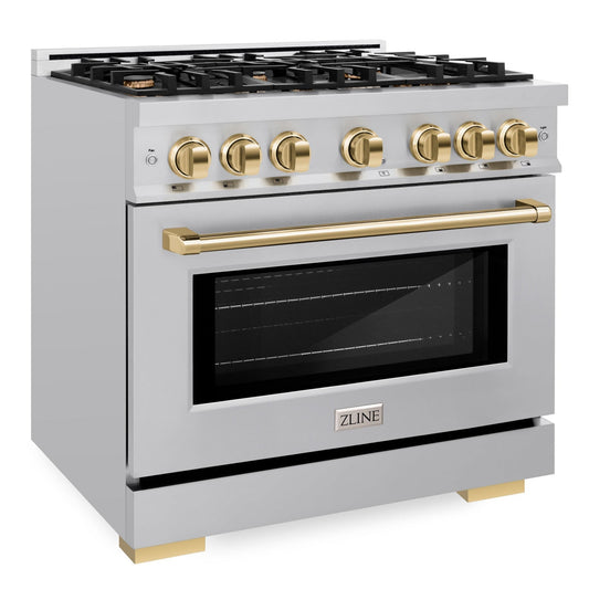 ZLINE 36 in. Gas Range 5.2 cu. ft. 6 Burner Cooktop Stainless Steel with Polished Gold Accents (HGRZ-36-G)