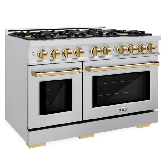 ZLINE 48 in. Gas Range Double Oven 6.7 cu. ft. 8 Burners Stainless Steel with Polished Gold Accents (HGRZ-48-G)
