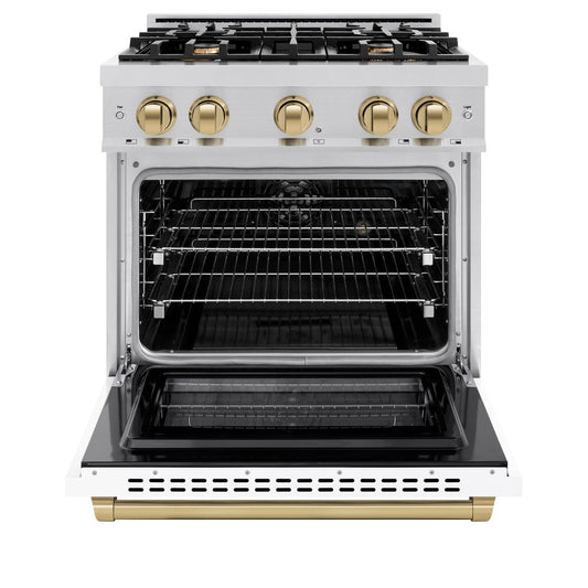 ZLINE 30 in. Dual Fuel Range 4.2 cu. ft. 4 Burners Stainless Steel White Matte Door Champagne Bronze Accents (HDRZ-WM-30-CB)