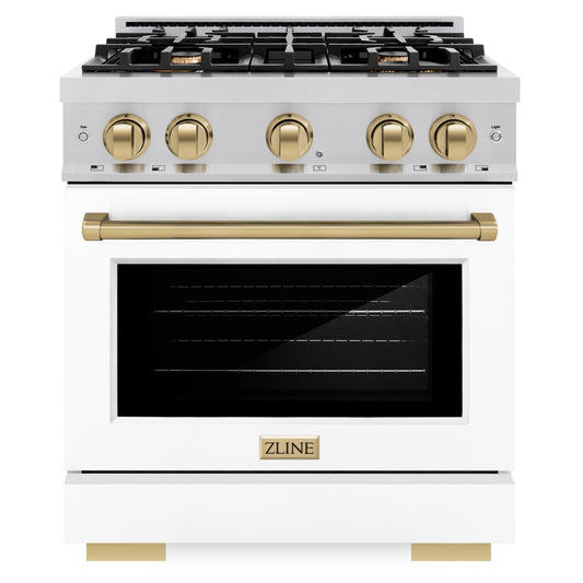 ZLINE 30 in. Dual Fuel Range 4.2 cu. ft. 4 Burners Stainless Steel White Matte Door Champagne Bronze Accents (HDRZ-WM-30-CB)
