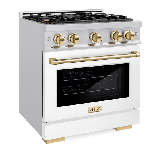 ZLINE 30 in. Select Dual Fuel Range 4.2 cu. ft. 4 Burner Gas Cooktop Electric Convection Oven Stainless Steel White Matte Door Polished Gold Accents (HDRZ-WM-30-G)