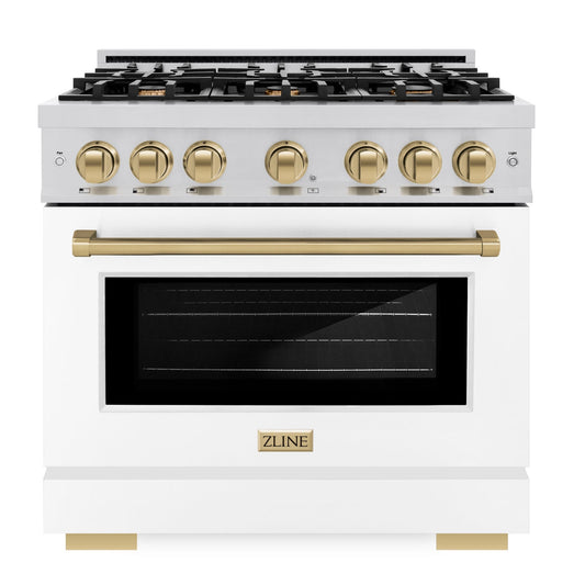 ZLINE 36 in. Select Dual Fuel Range 5.2 cu. ft. 6 Burner Gas Cooktop Electric Convection Oven Stainless Steel White Matte Door Champagne Bronze Accents (HDRZ-WM-36-CB)