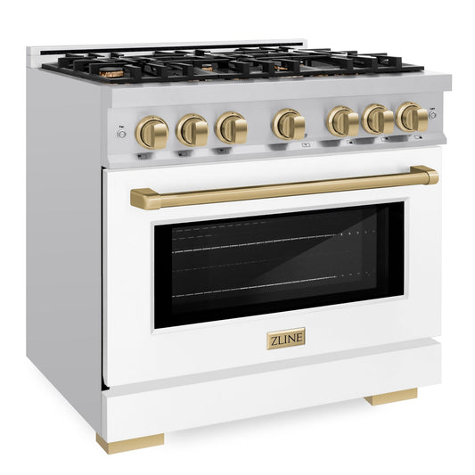 ZLINE 36 in. Select Dual Fuel Range 5.2 cu. ft. 6 Burner Gas Cooktop Electric Convection Oven Stainless Steel White Matte Door Champagne Bronze Accents (HDRZ-WM-36-CB)