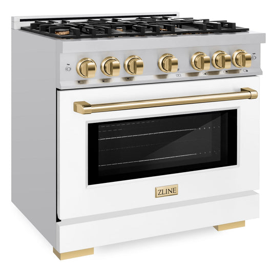 ZLINE Autograph Edition 36 in. Select Dual Fuel Range, 5.2 cu. ft., 6 Burner Gas Cooktop, Electric Convection Oven, Stainless Steel with White Matte Door and Polished Gold Accents (HDRZ-WM-36-G)
