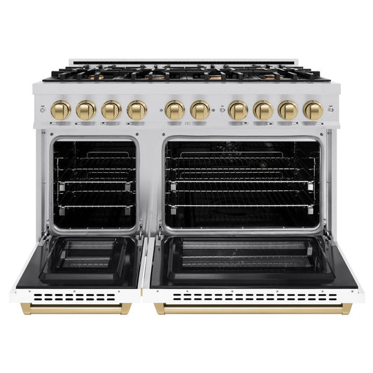 ZLINE 48 in. Dual Fuel Range Double Oven 6.7 cu. ft. 8 Burners Stainless Steel with White Matte Doors & Champagne Bronze Accents (HDRZ-WM-48-CB)