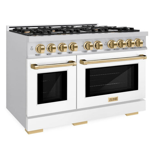 ZLINE Autograph Edition 48 in. Select Double Oven Dual Fuel Range, 6.7 cu. ft., 8 Burner Gas Cooktop, Electric Convection Ovens, Stainless Steel with White Matte Doors & Polished Gold Accents (HDRZ-WM-48-G)