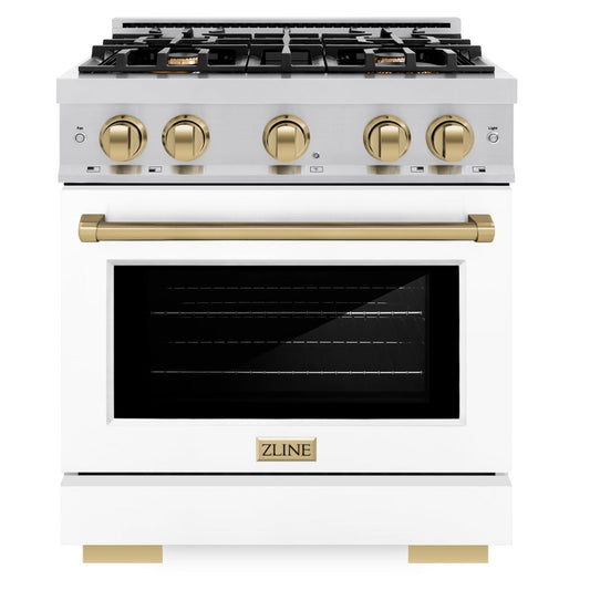 ZLINE Autograph Edition 30 in. Select Gas Range with 4 Burners and 4.2 cu. ft. Convection Oven in Stainless Steel with White Matte Door and Champagne Bronze Accents (HGRZ-WM-30-CB)