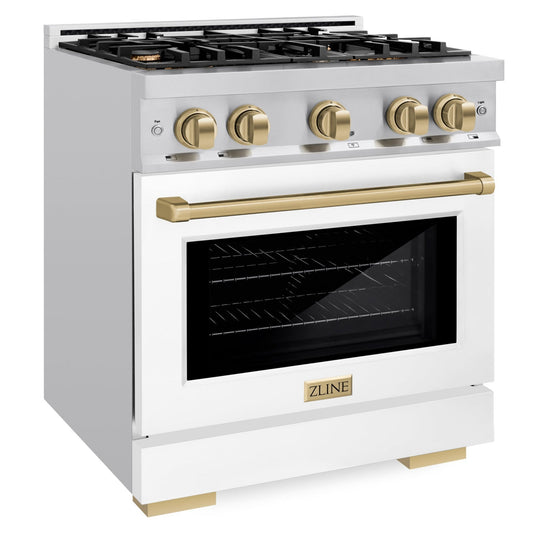 ZLINE Autograph Edition 30 in. Select Gas Range with 4 Burners and 4.2 cu. ft. Convection Oven in Stainless Steel with White Matte Door and Champagne Bronze Accents (HGRZ-WM-30-CB)