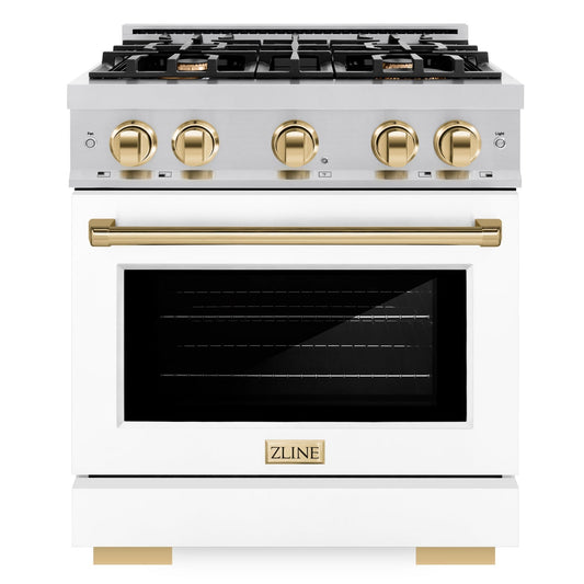 ZLINE 30 in. Select Gas Range 4.2 cu. ft. 4 Burner Cooktop Stainless Steel White Matte Door Polished Gold Accents (HGRZ-WM-30-G)